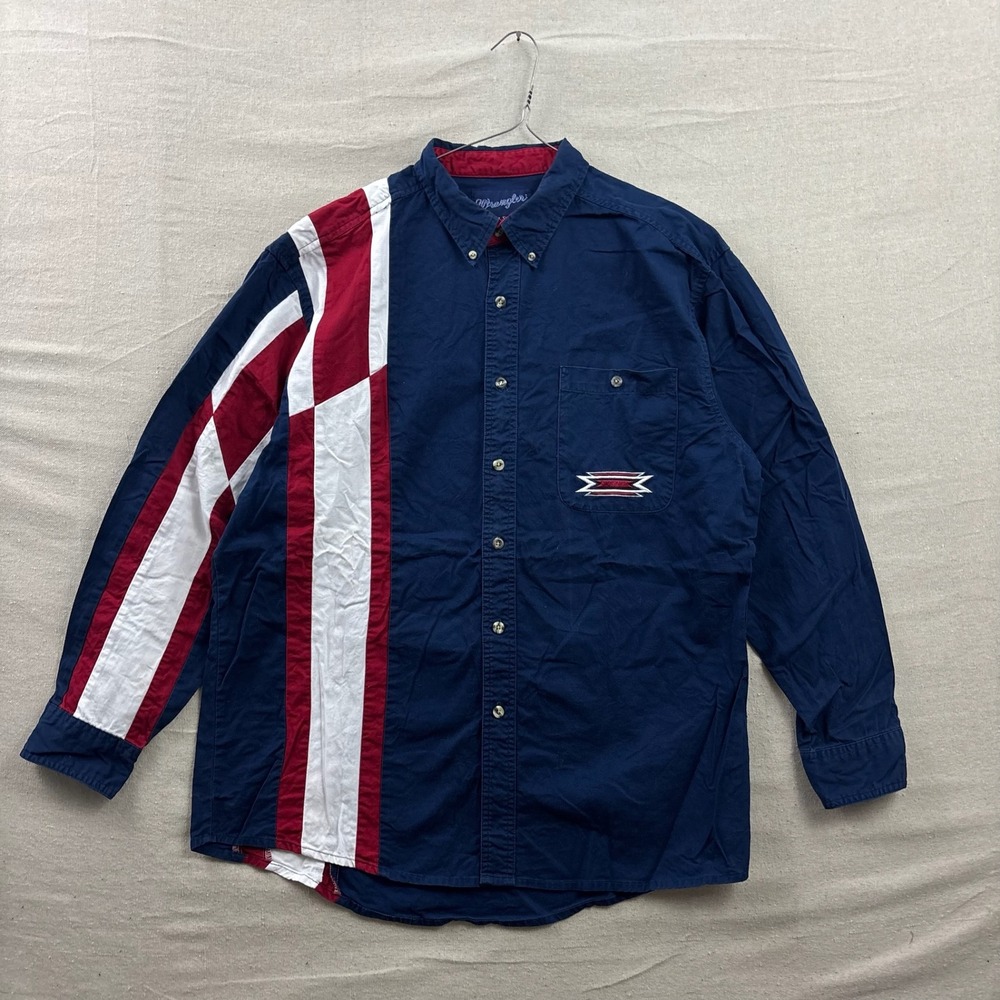 Wrangler Western Button Down Shirt Mens Large Navy Blue Striped Americana Logo